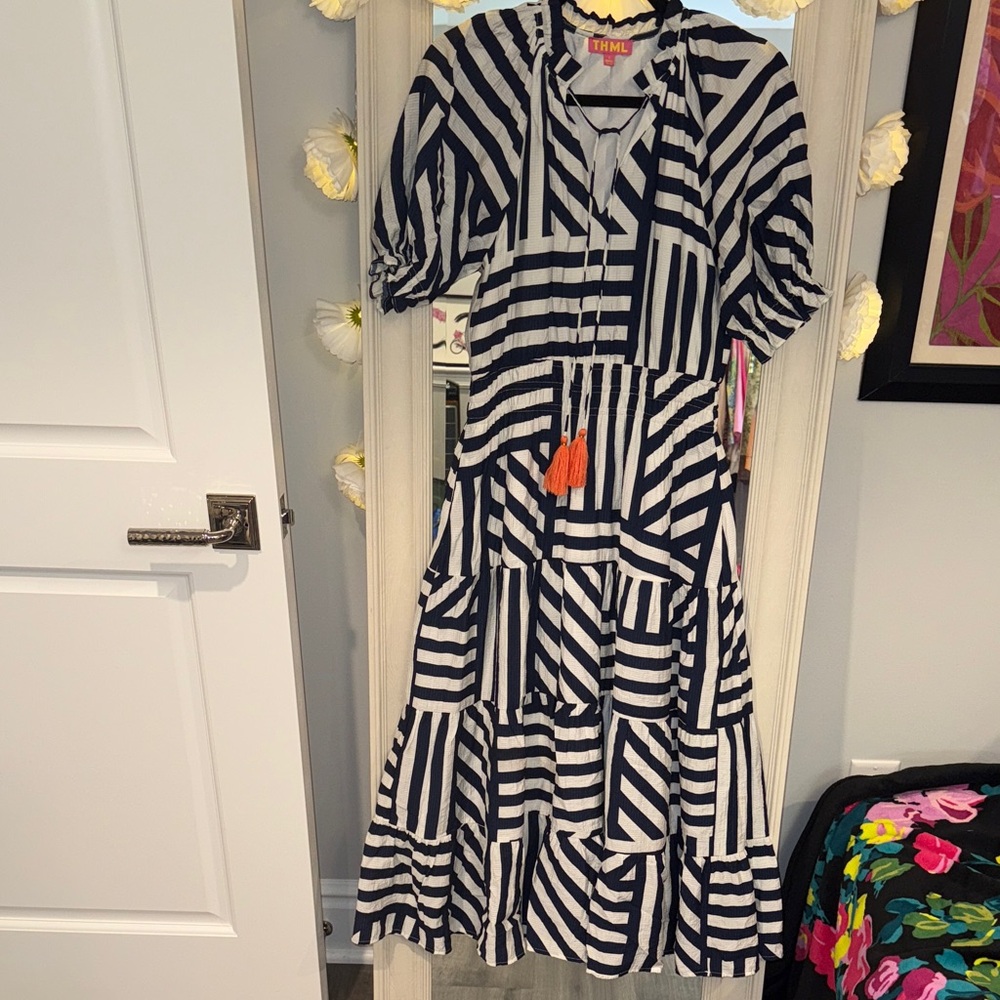 THML Black and White Striped Midi Dress